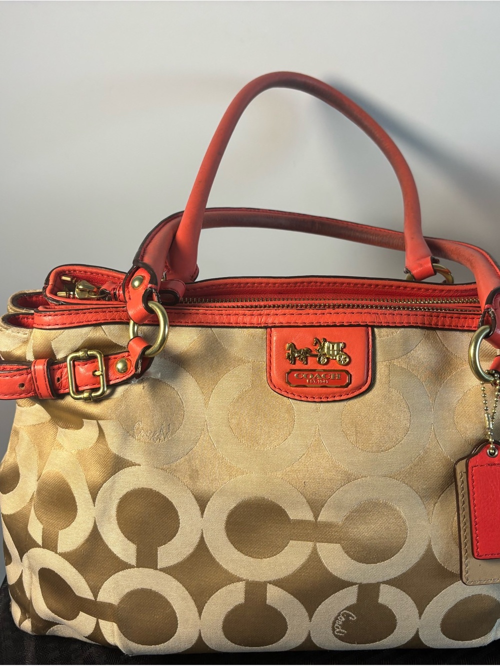 Coach Khaki Canvas Satchel with Coral Trim